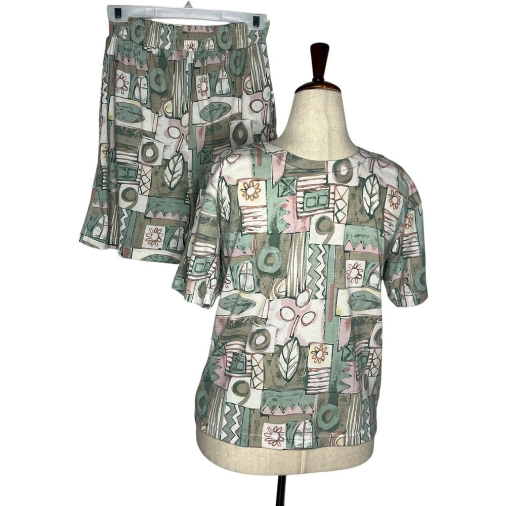 Vintage 90s Matching Set Women's M Shorts Top Geometric Abstract Stretch Waist - Picture 3 of 7